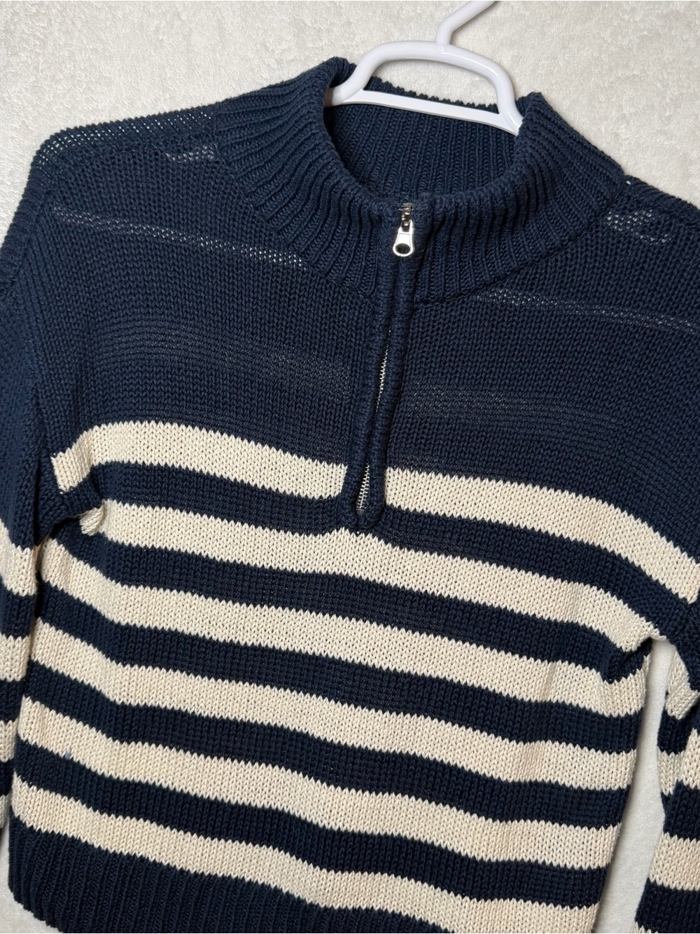 Women’s Half-Zip Mi Ami Navy and Cream Striped Cropped Francesca Sweater